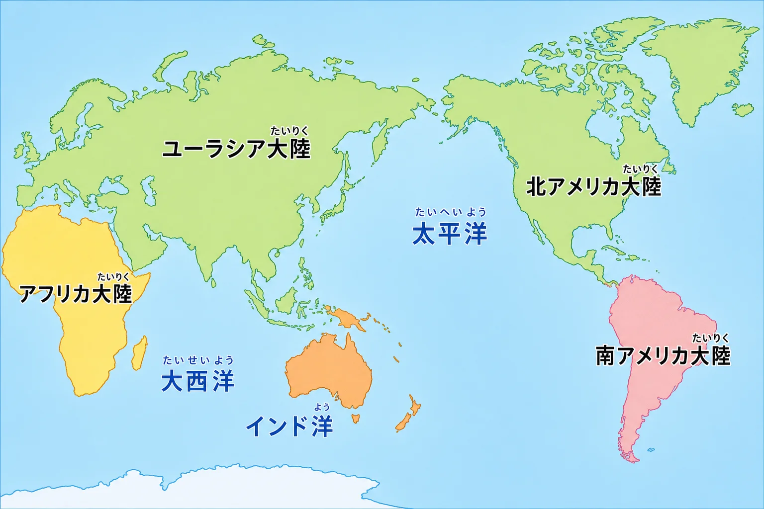六大陸と三大洋、および日本の位置関係を確認する模式図