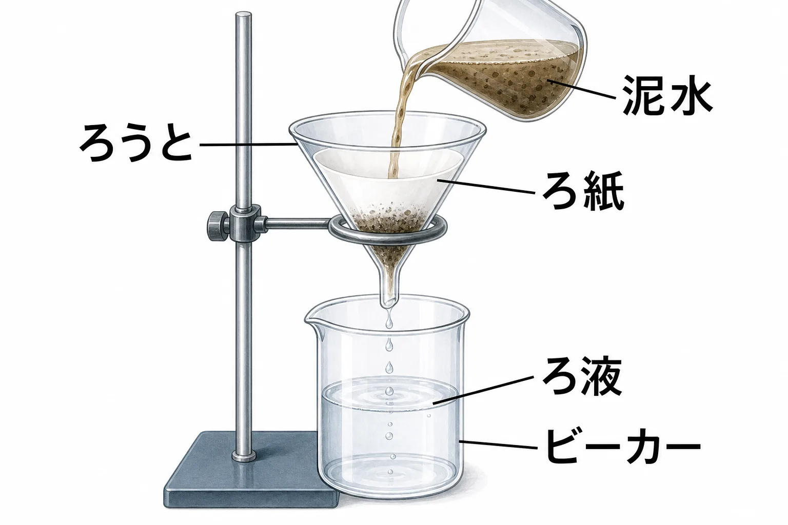 ろうととろ紙で泥水をろ過しろ液を集める装置図