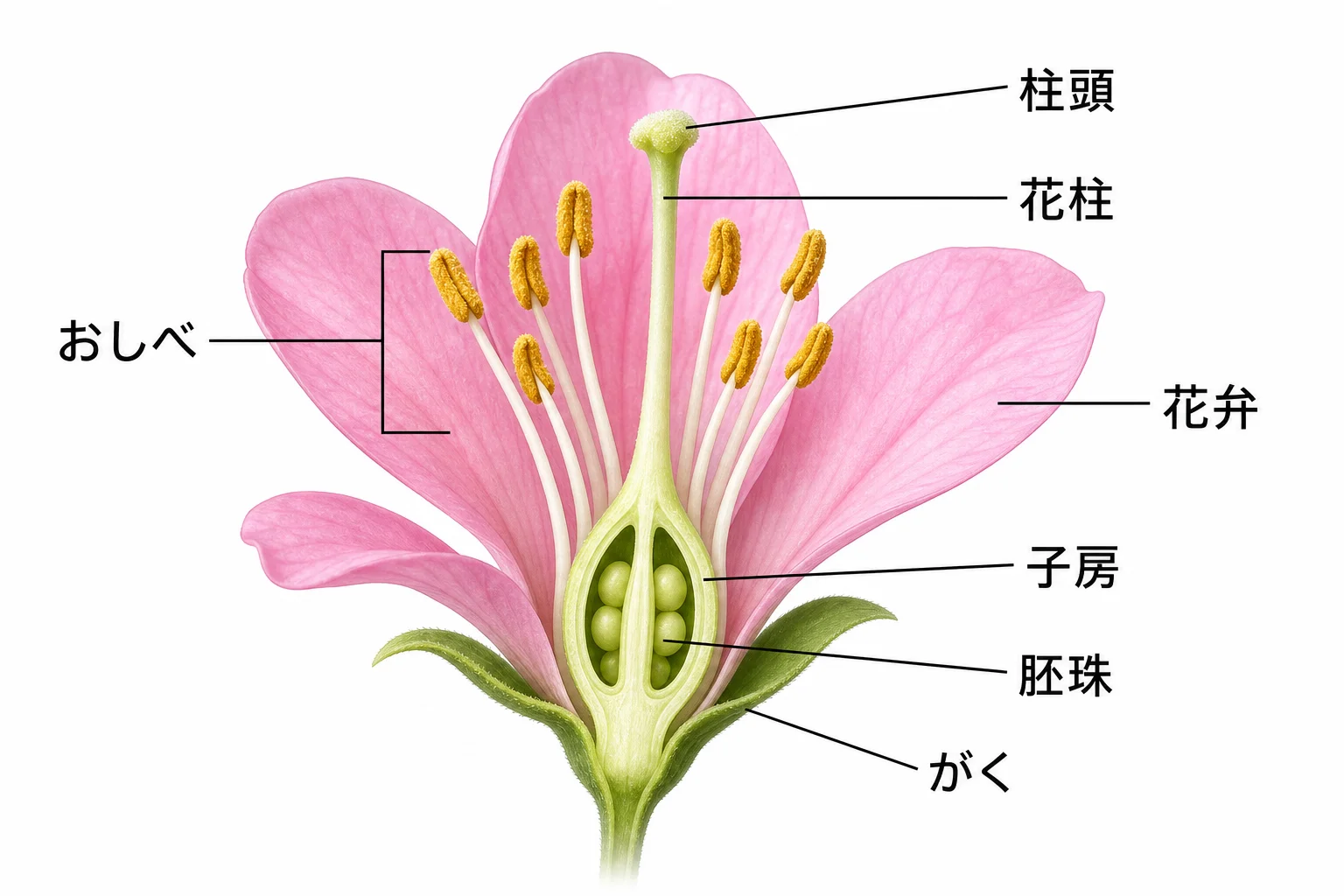 花の断面でめしべ・おしべ・花弁・がく・子房を示した図