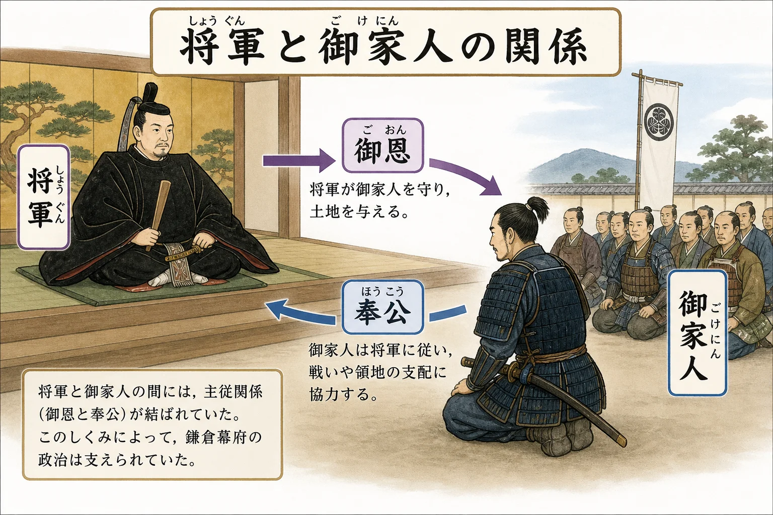 将軍と御家人の御恩・奉公の双方向関係図