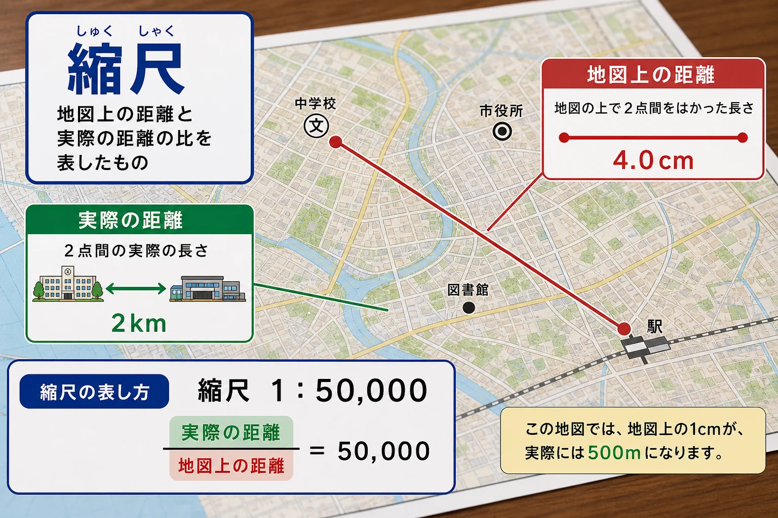 縮尺から実際の距離を求めて単位換算する図