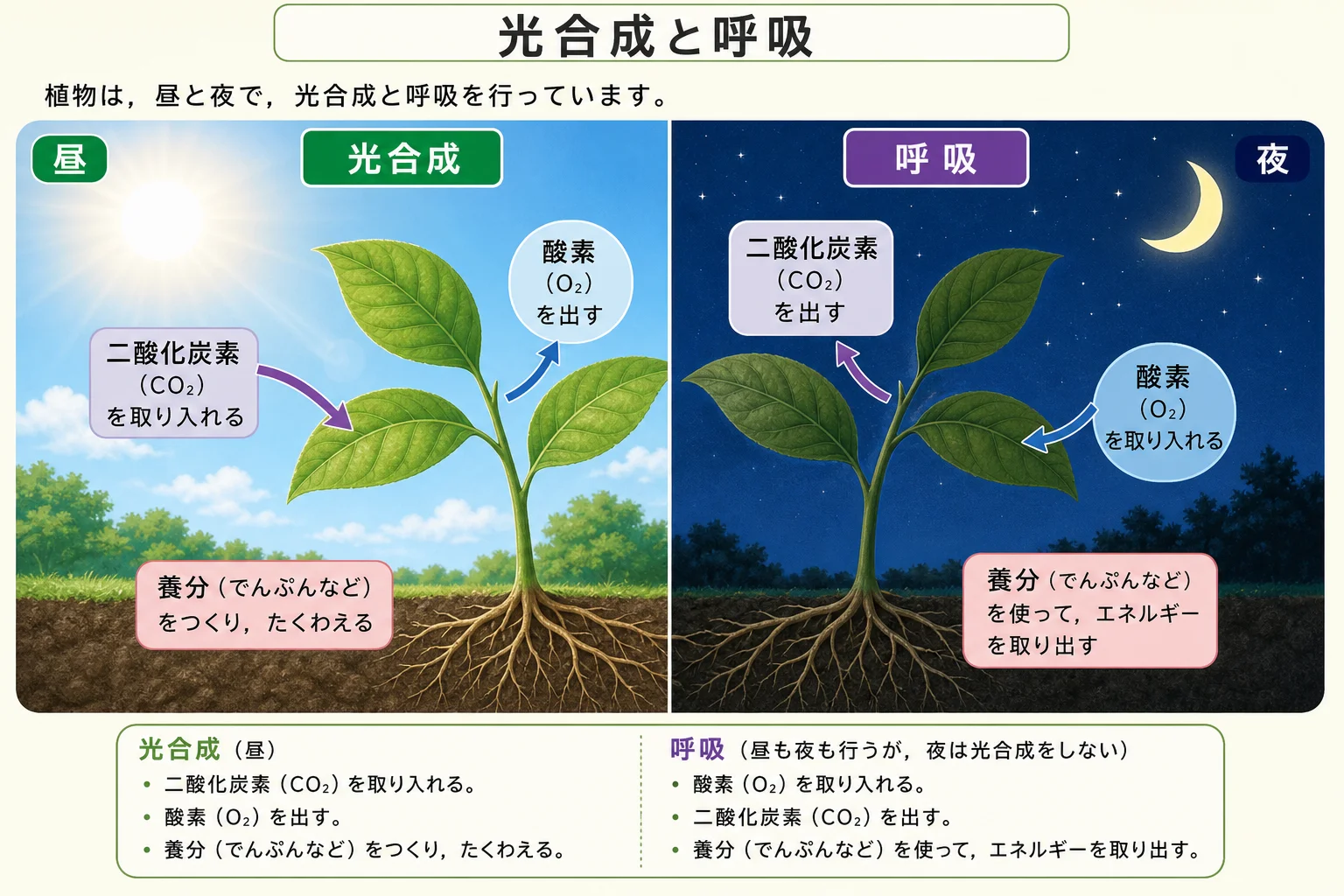 葉での光合成と呼吸のガスの出入りを示す図