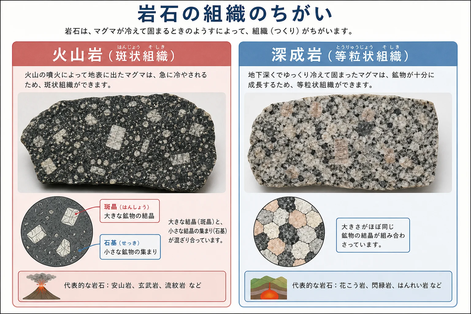 斑状組織と等粒状組織の岩石断面の比較