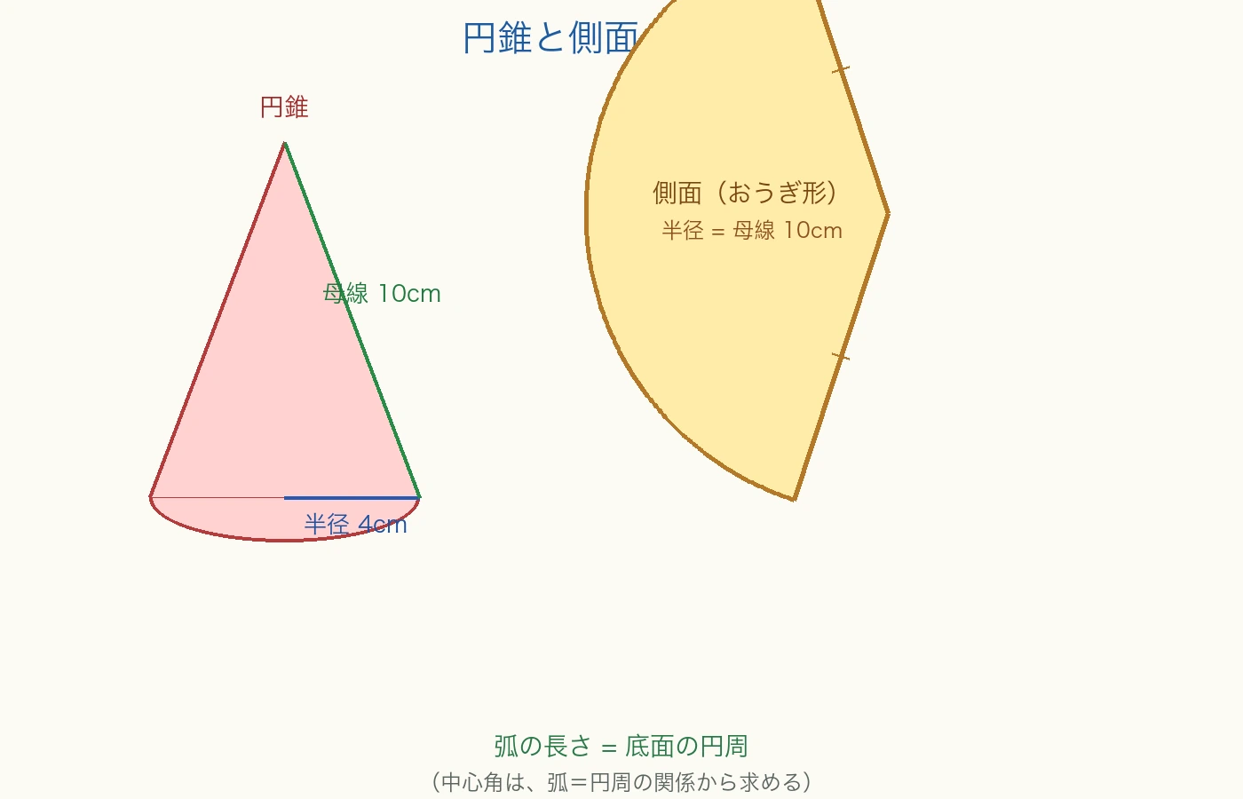 半径4cm・母線10cmの円錐と側面のおうぎ形