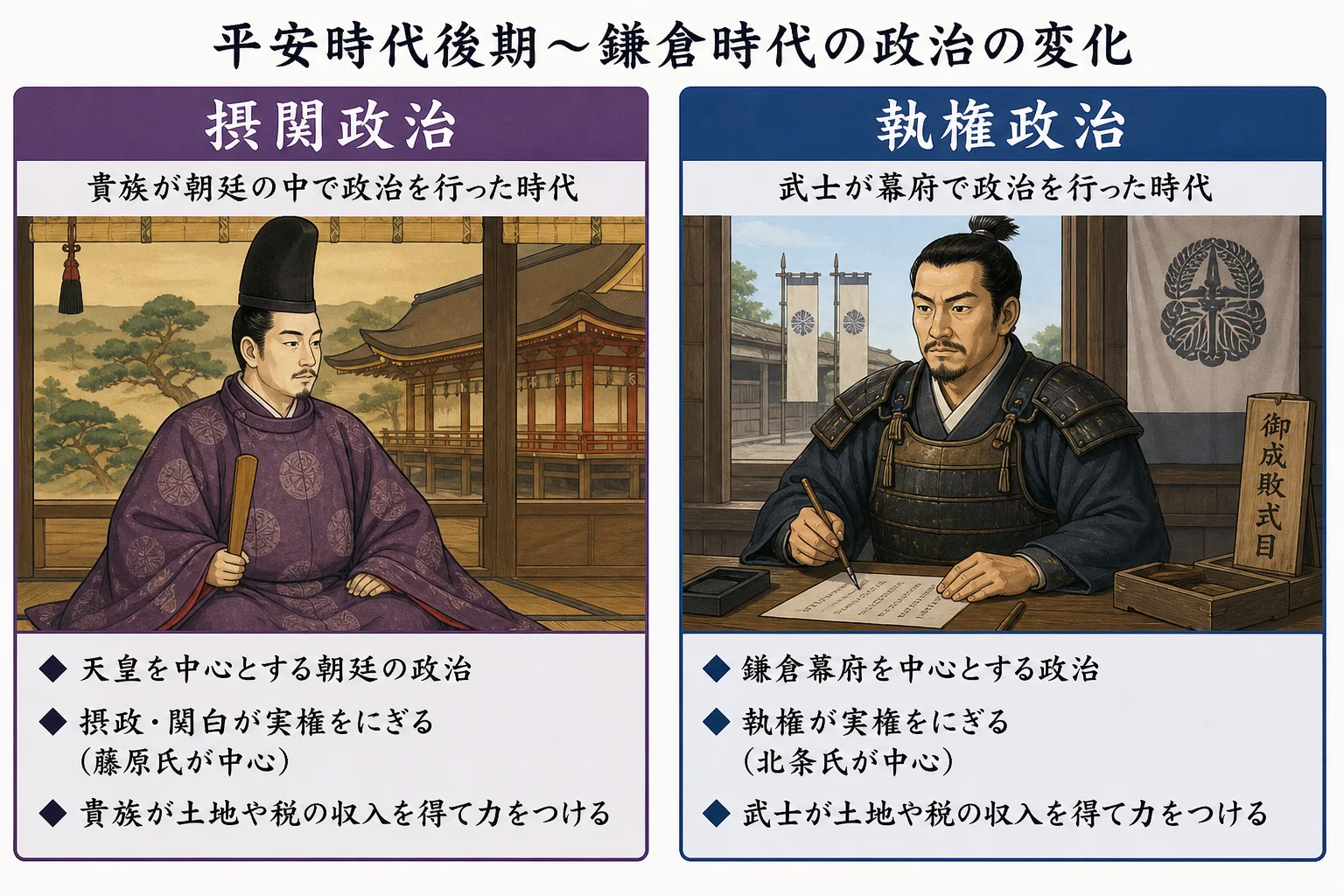 摂関政治と執権政治の比較。中世では執権側を使う