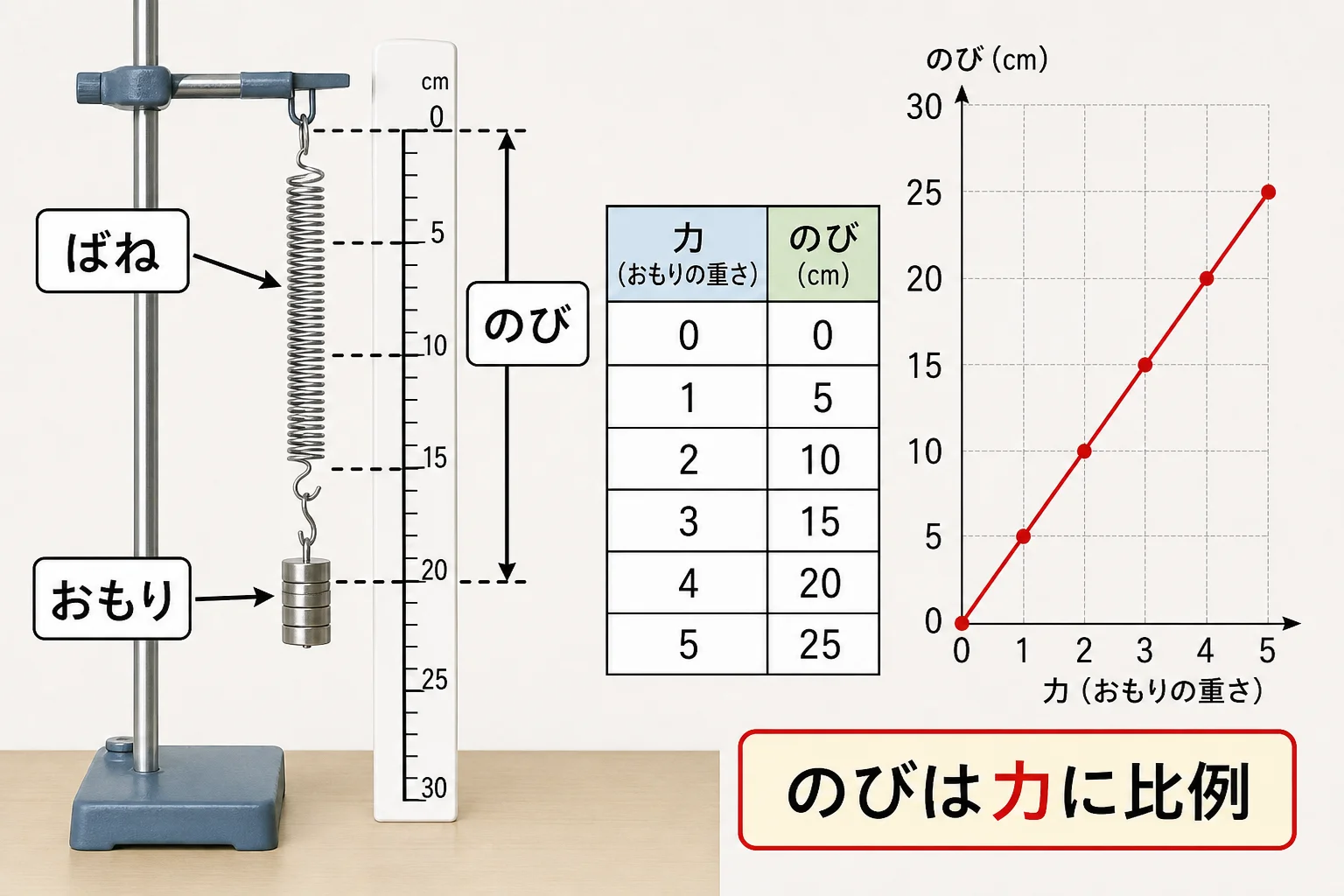 ばねの力と伸びの比例グラフ