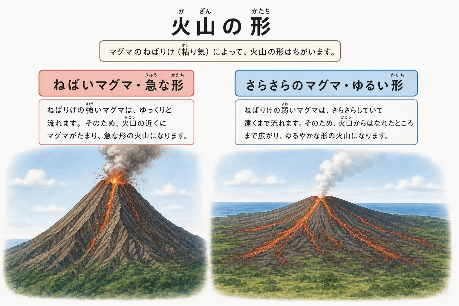 マグマのねばり気による火山の形のちがい
